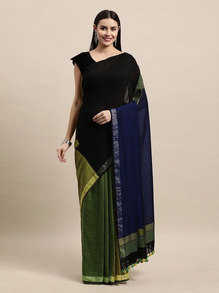 Moss Green Colour block Cotton Saree with pompoms With Minimal Border, No Blouse Piece