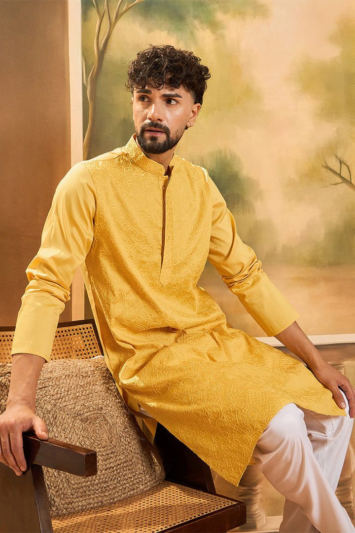 Yellow Silk Blend Solid Embroidered Straight Kurta | SHOBITAM