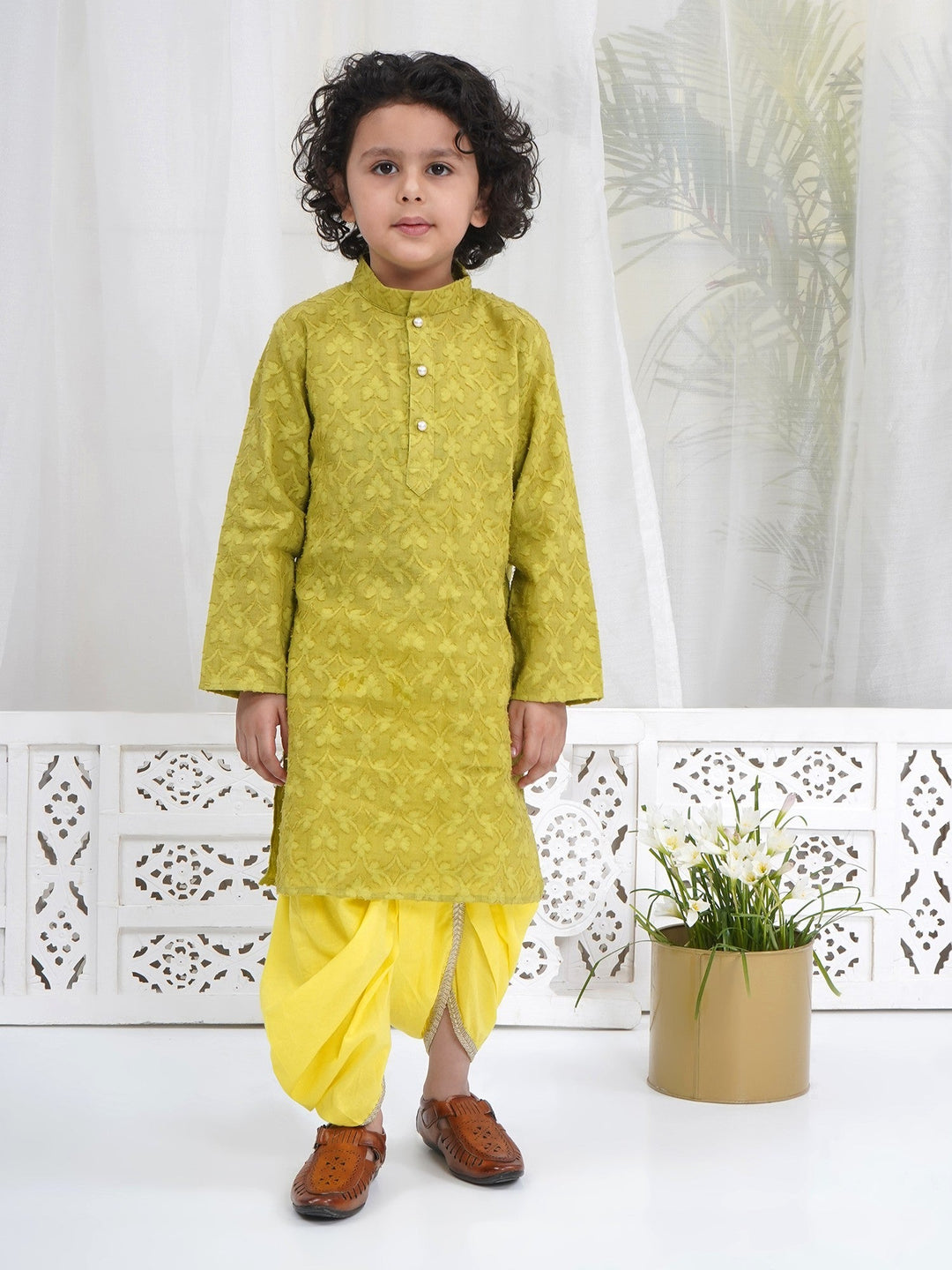 Boys Cotton Full Sleeves Self Weaving Kurta with Dhoti and Pearl Buttons - Green | SHOBITAM