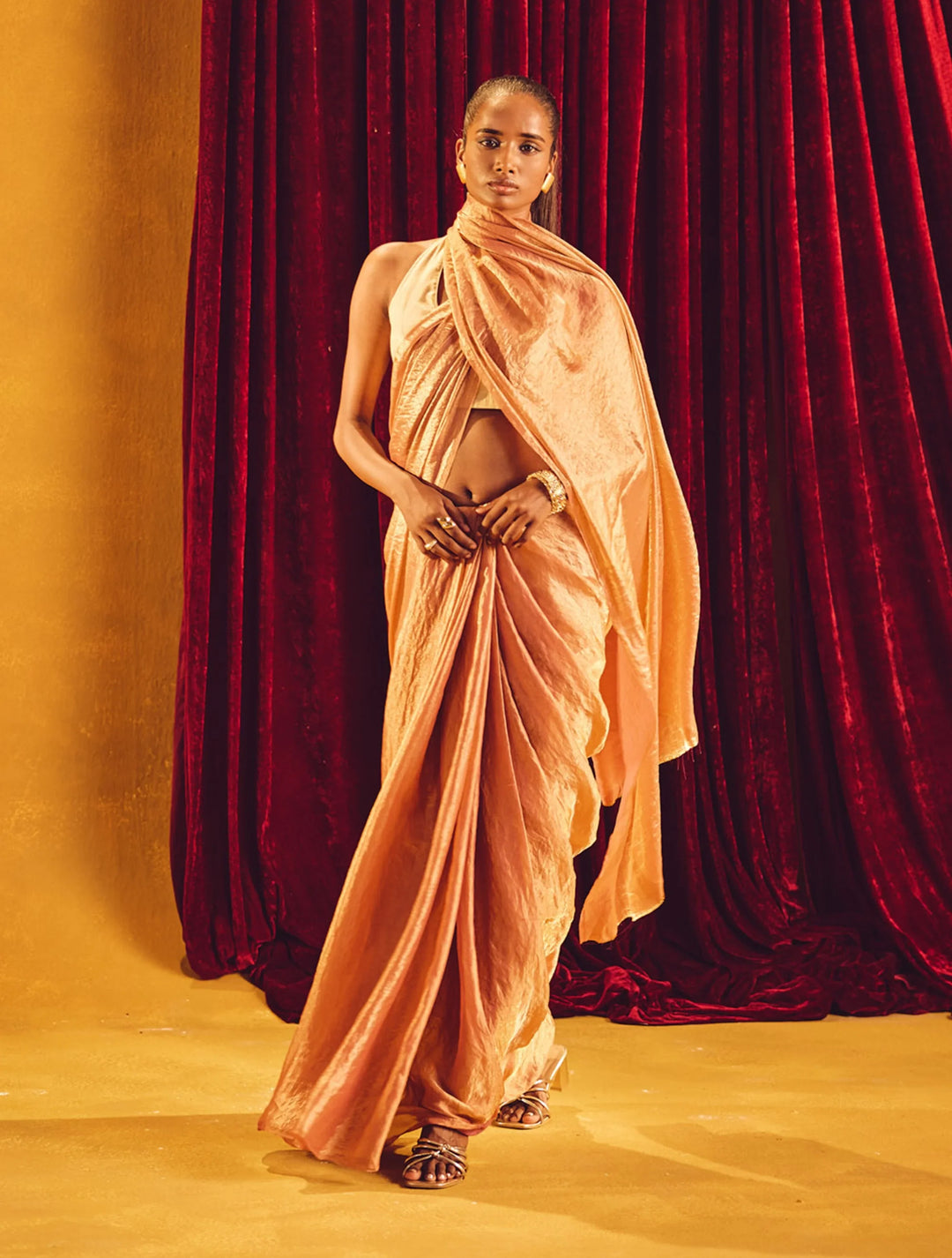 Peach Copper Tissue Saree With Unstitched Blouse | SHOBITAM