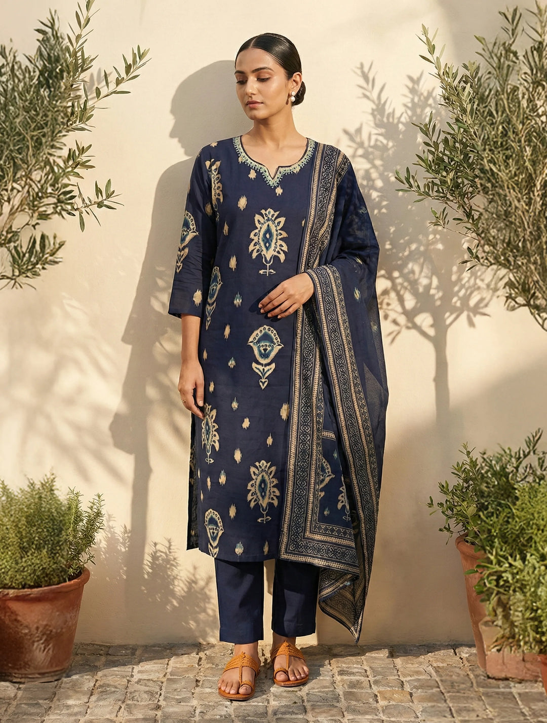 Blue Print Embroidered Round With V-Neck Kurta Pant Dupatta Set | SHOBITAM
