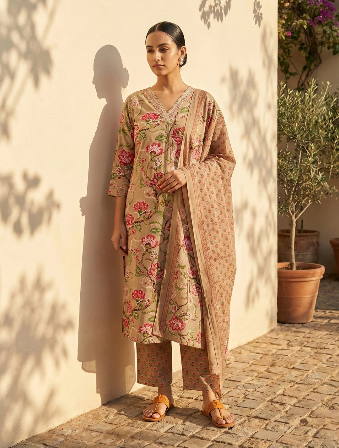 Beige Floral Print Straight Kurta Pant Dupatta Set | SHOBITAM
