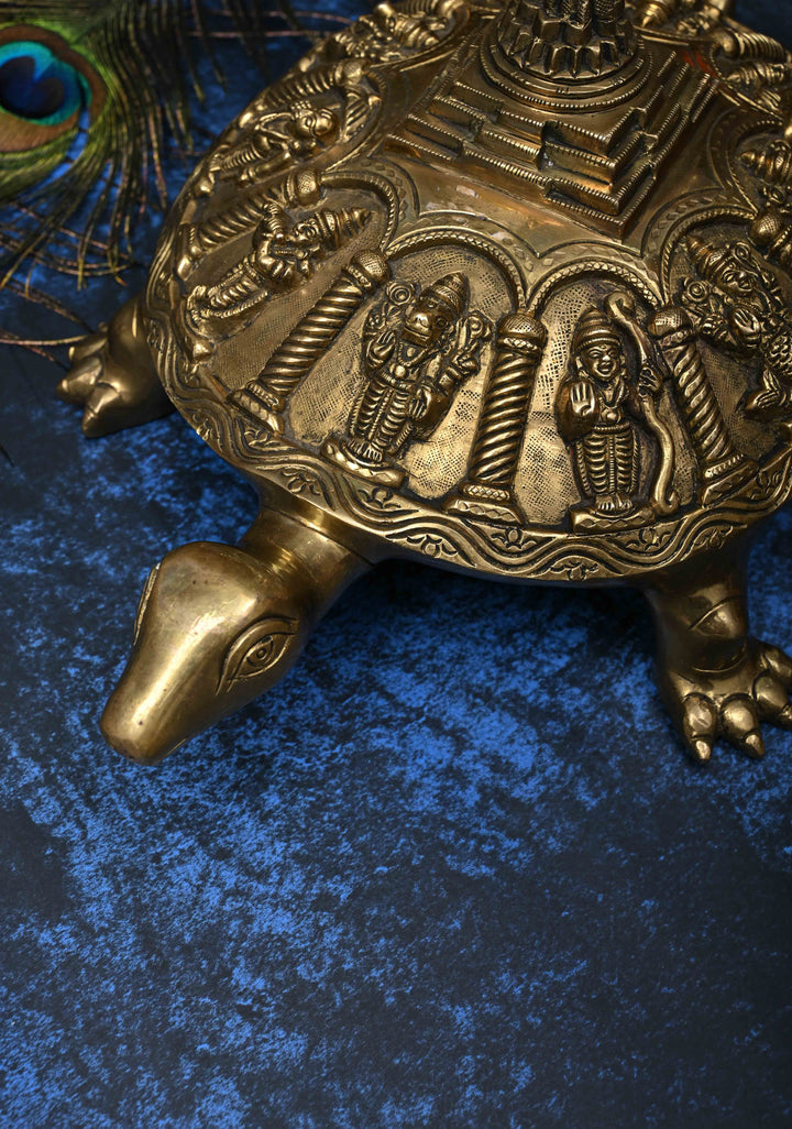 12" Brass Dashavataram Vaastu Turtle for Table Top Decor with 3D Lakshmi Yantra