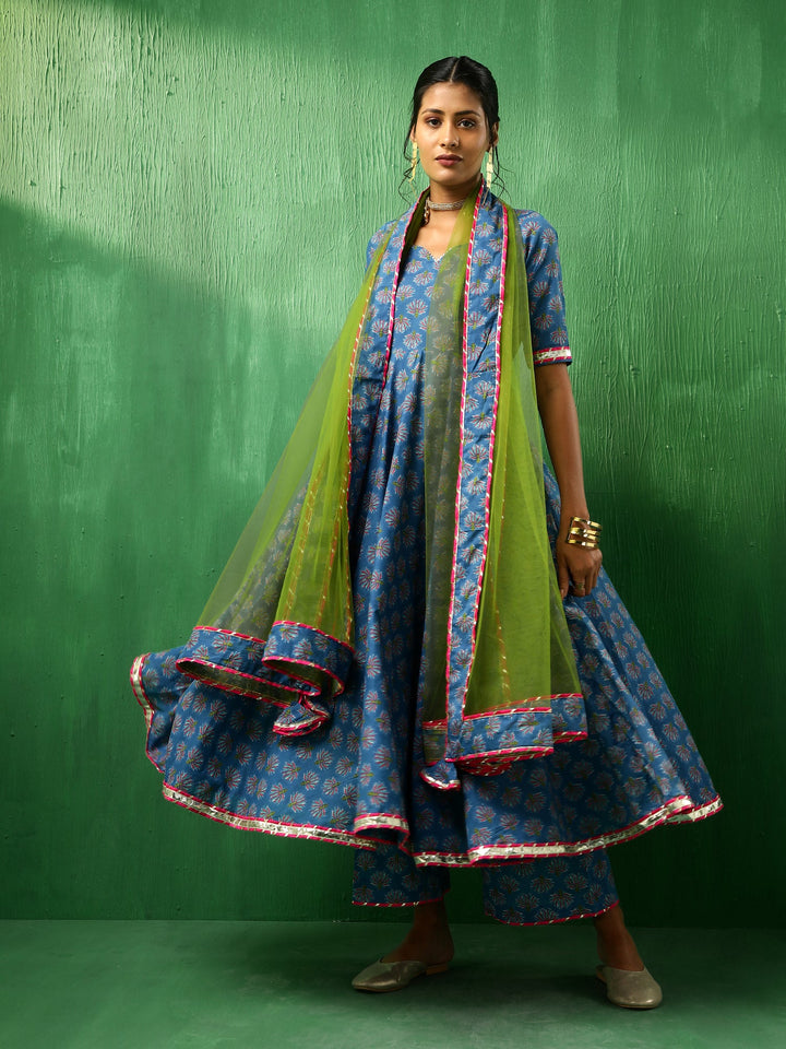 ADAA LOTUS BLUE COTTON ANARKALI SET | SHOBITAM