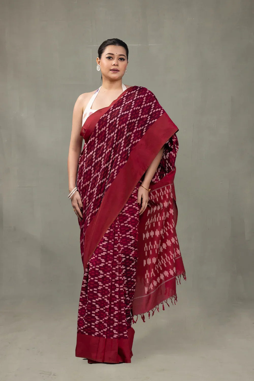 Handloom Ruby Red Ikkat Cotton Silk Saree | SHOBITAM