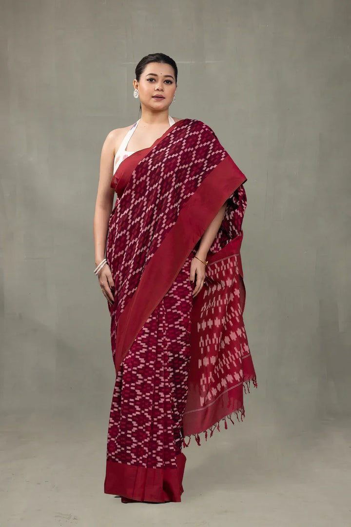 Handloom Ruby Red Ikkat Cotton Silk Saree | SHOBITAM