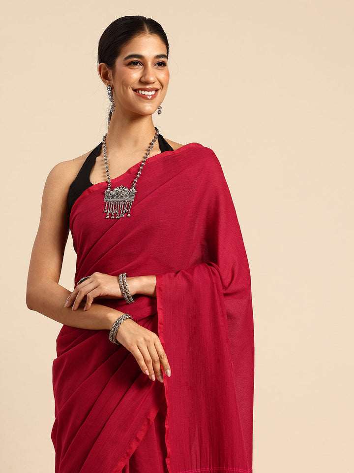 Maroon Magenta Solid Cotton Saree with Blouse piece | SHOBITAM