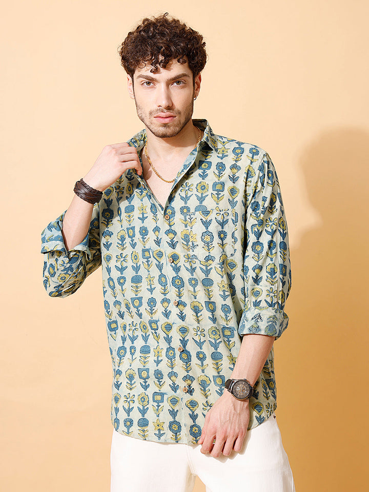 Indigo Dusk Ajrakh Full Sleeve Cotton Shirt in Indigo for Men