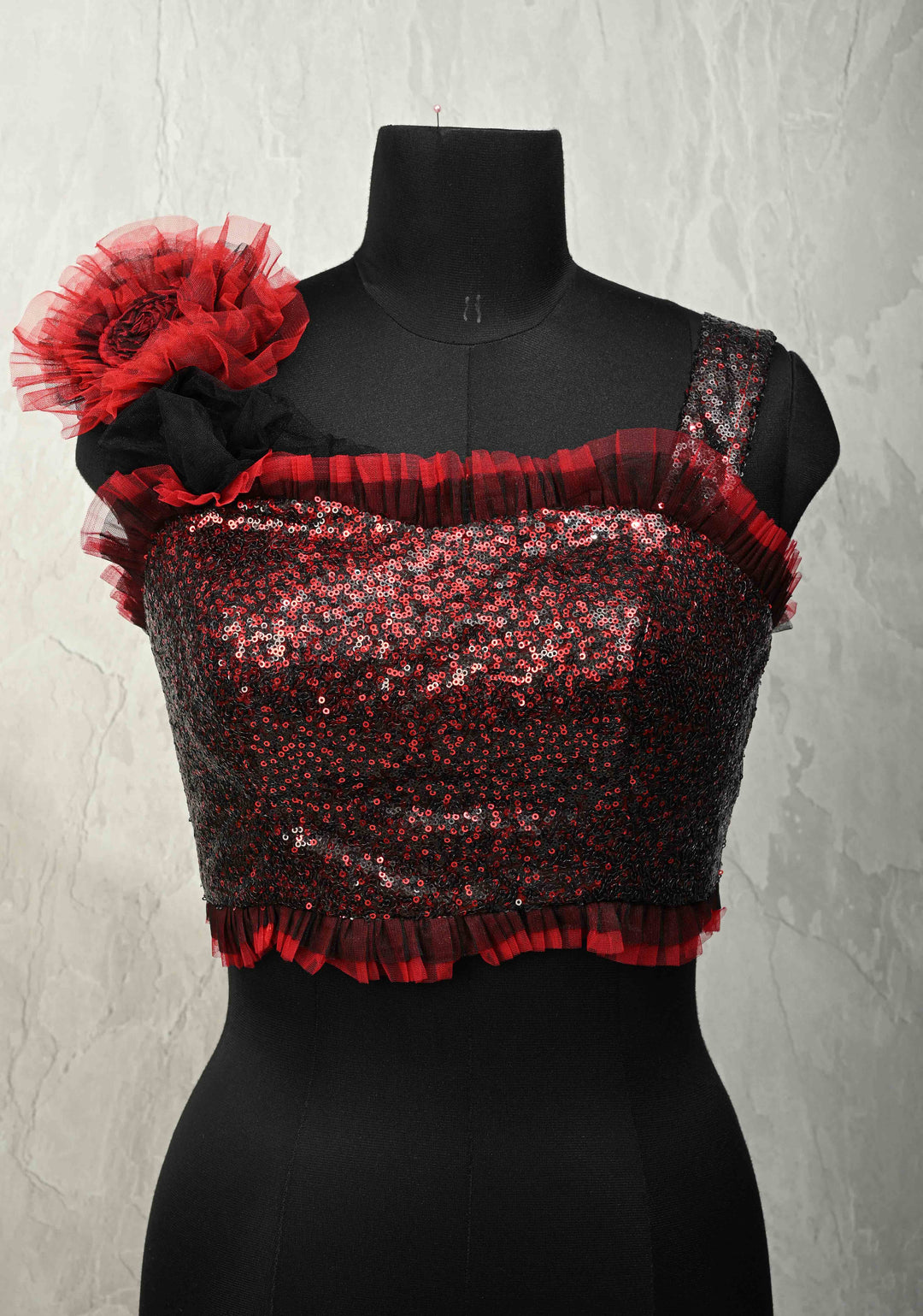 SIZE 36" Red & Black Sequin Corset Strappy Crop Top Blouse with Ruffled 3D Flower Detail and Lace-Up Back