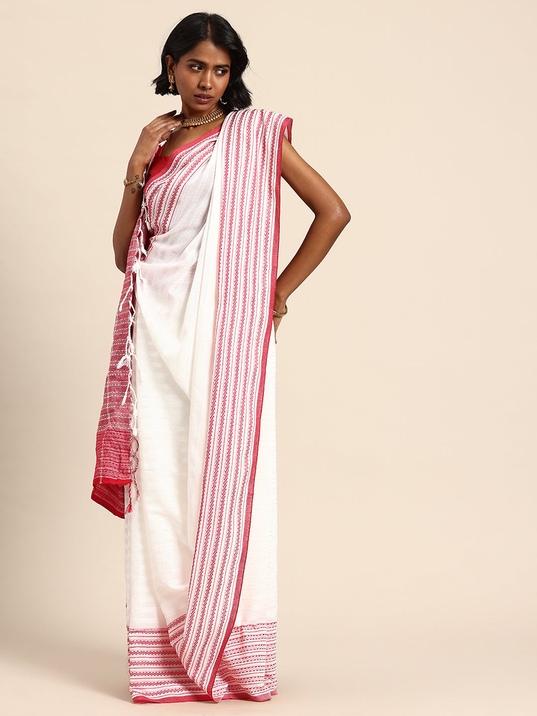 White Red Cotton Saree with Blouse piece | SHOBITAM