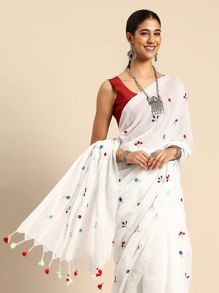 White Floral Cotton Saree