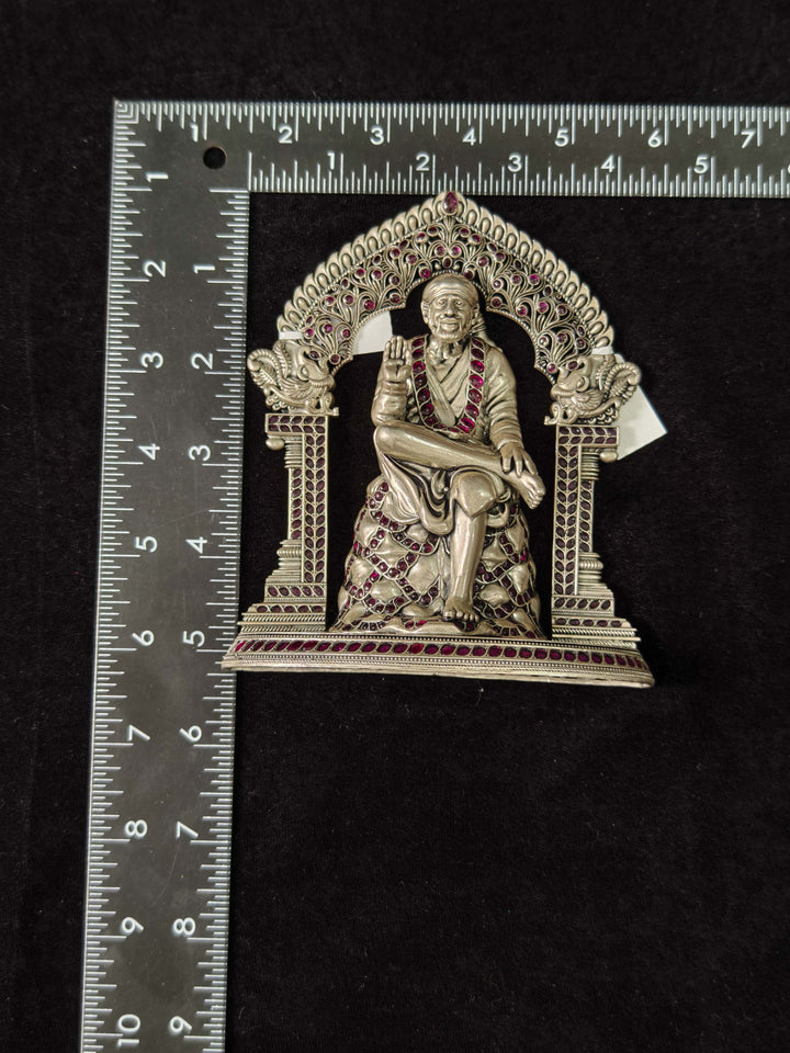 Pure 92.5 Silver Sai Baba 2D Idol With Red Kemp Stone And Peacock Arch Detailing