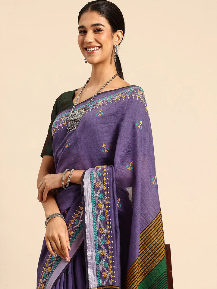 Violet Handloom Cotton Saree with Kantha Embroidery