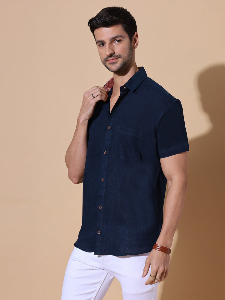 Ocean Blue Khadi Half Sleeve Cotton Shirt
