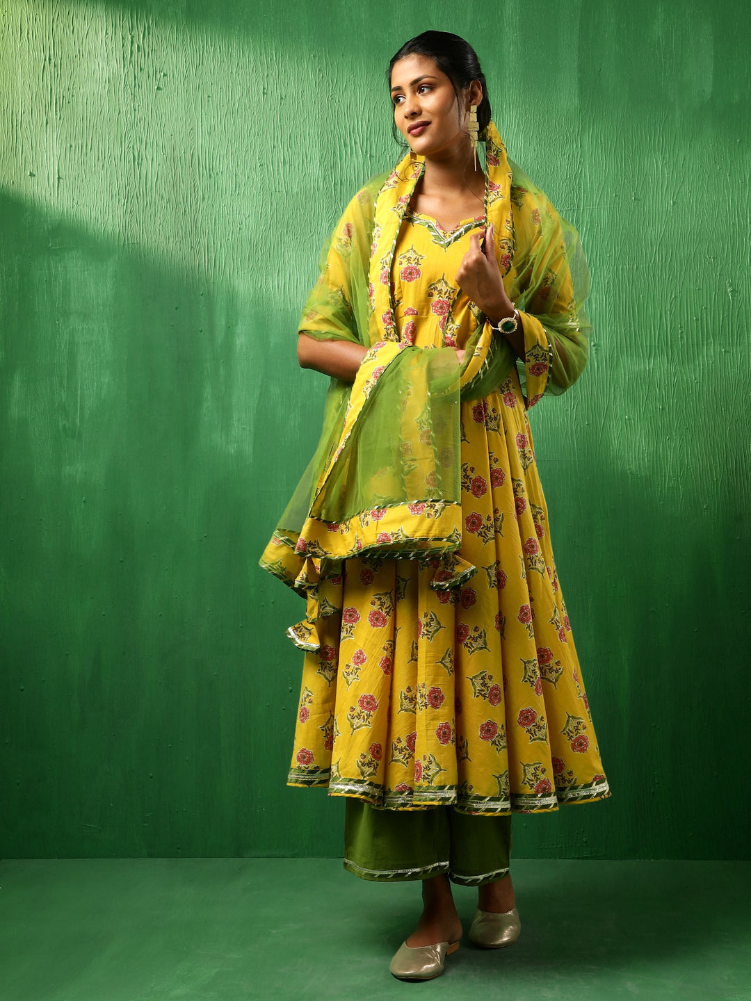 ADAA YELLOW COTTON ANARKALI SET | SHOBITAM