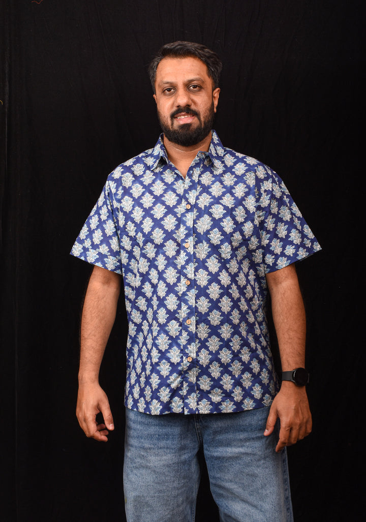 Blue White Bagru Handblock Printed Cotton Mens Shirt Heer