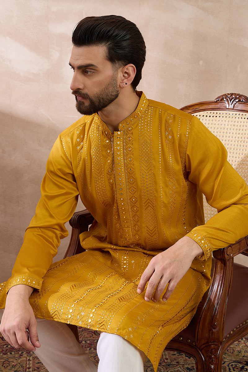 Mustard Silk Blend Embroidered Mandarin Collar Straight Kurta With Trouser | SHOBITAM