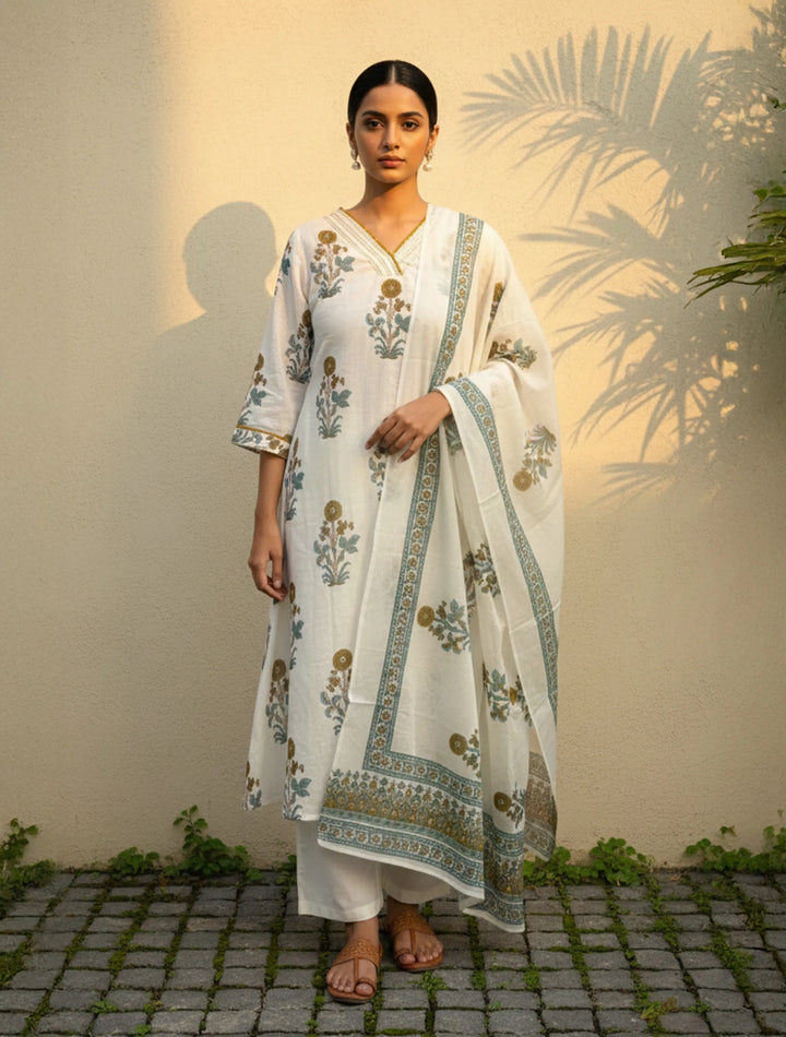 White Yellow Print V-Neck Kurta Pant Dupatta Set | SHOBITAM