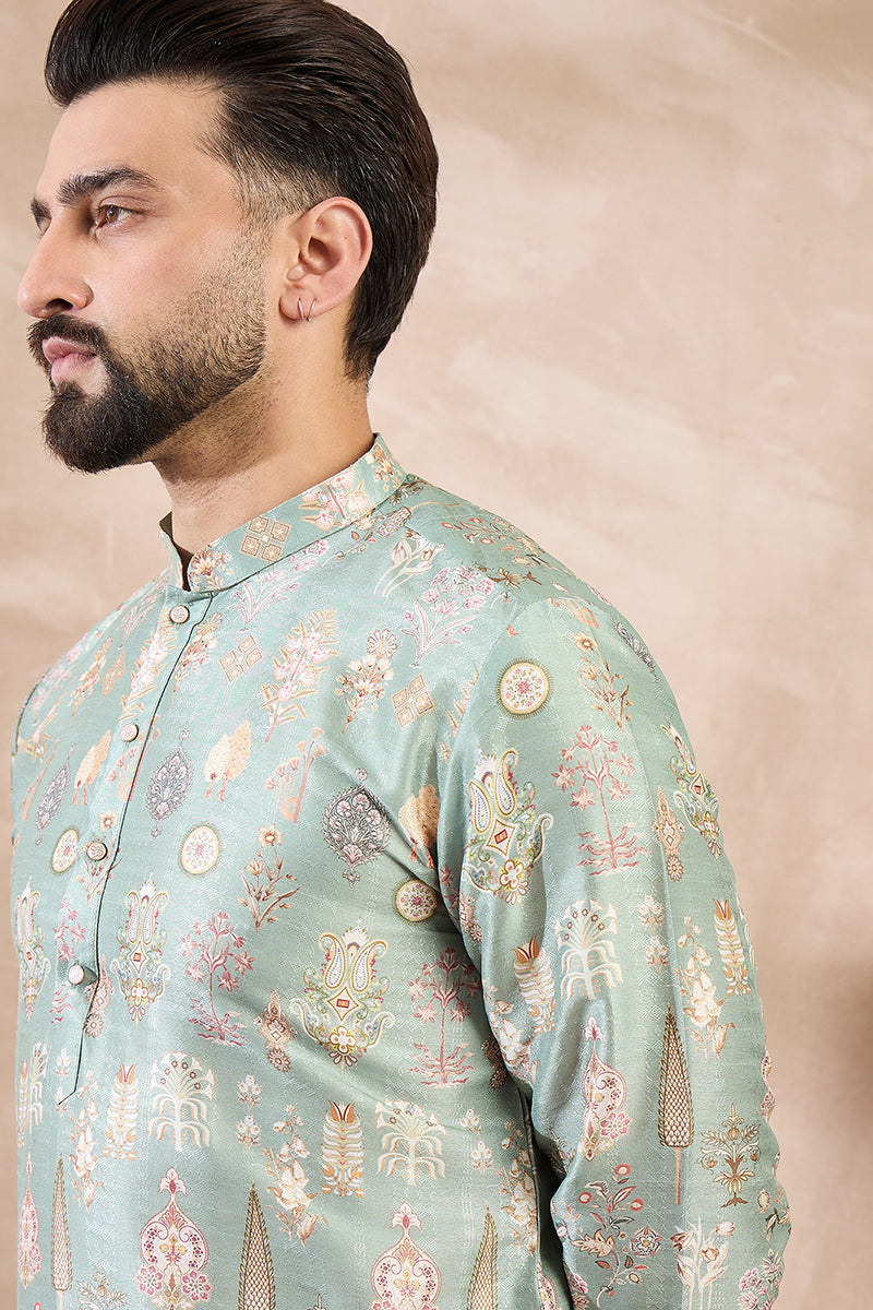 Green Silk Blend Floral Printed Straight Kurta With Trouser | SHOBITAM