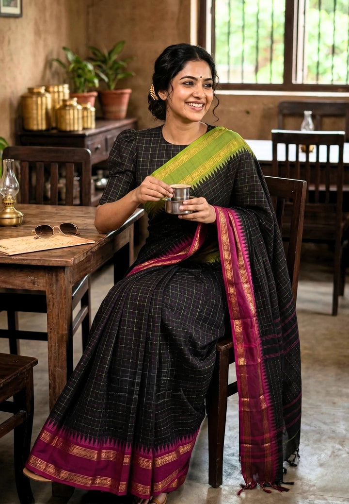 Black Cotton Mercerized Cotton Saree with Ganga Jamuna Borders | SHOBITAM