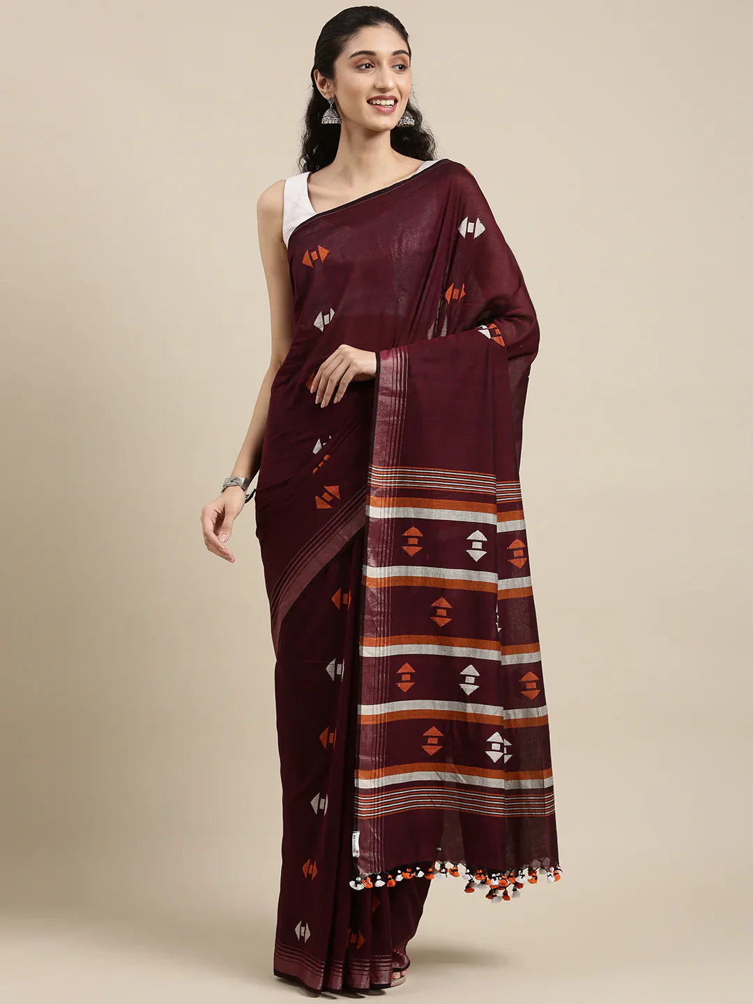 Brown Orange Jamdani Cotton Saree with Blouse piece
