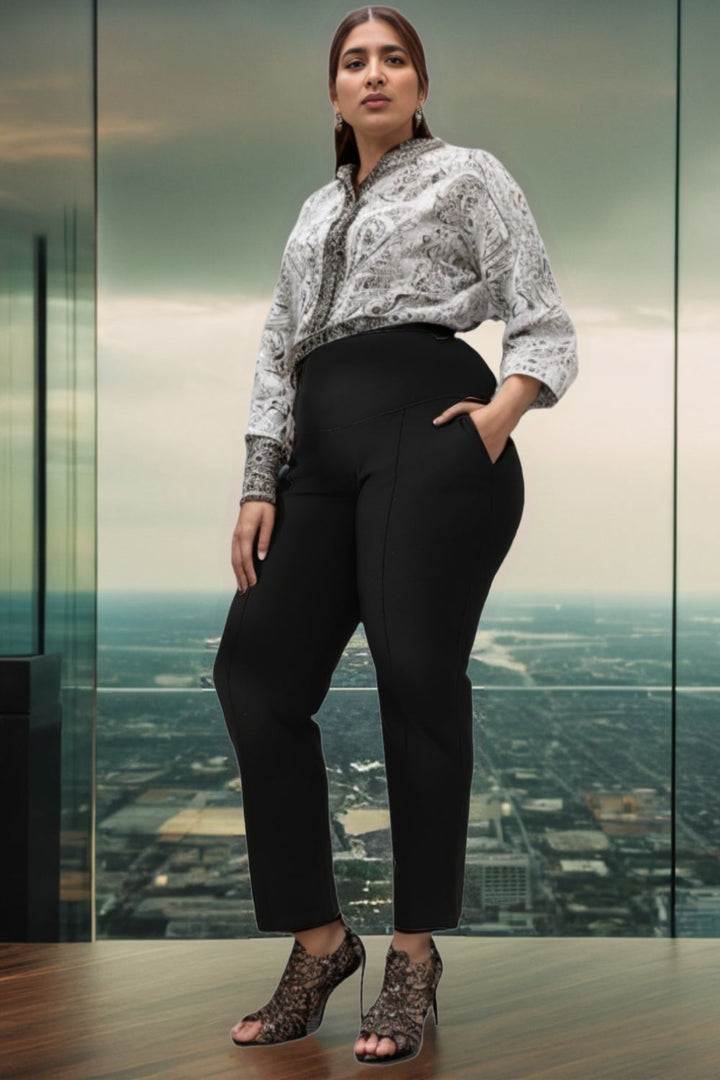Plus Size Black Tummy Shaper Straight Fit Pants | Made to Order