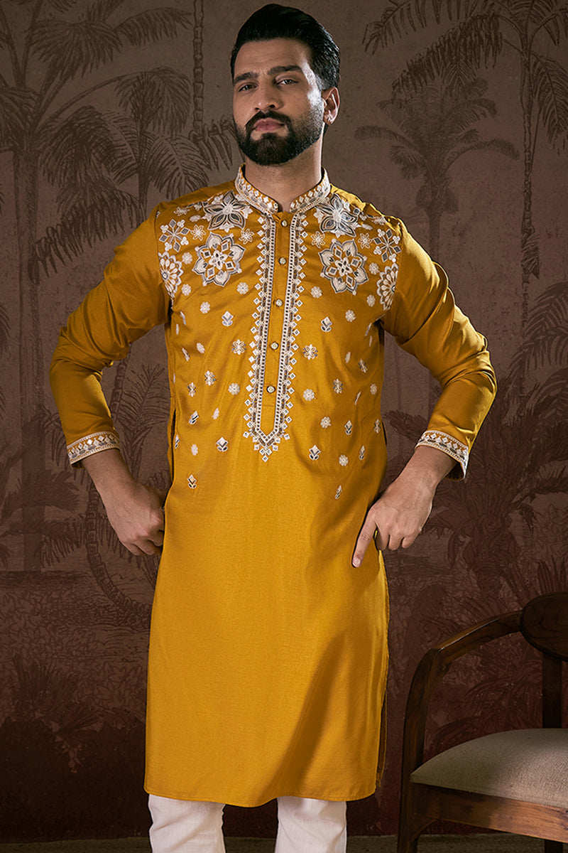 Mustard Silk Blend Solid Embroidered Straight Kurta With Trouser | SHOBITAM