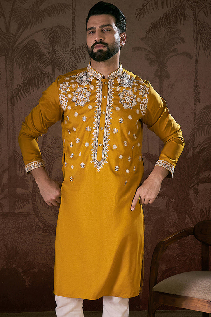 Mustard Silk Blend Solid Embroidered Straight Kurta With Trouser | SHOBITAM