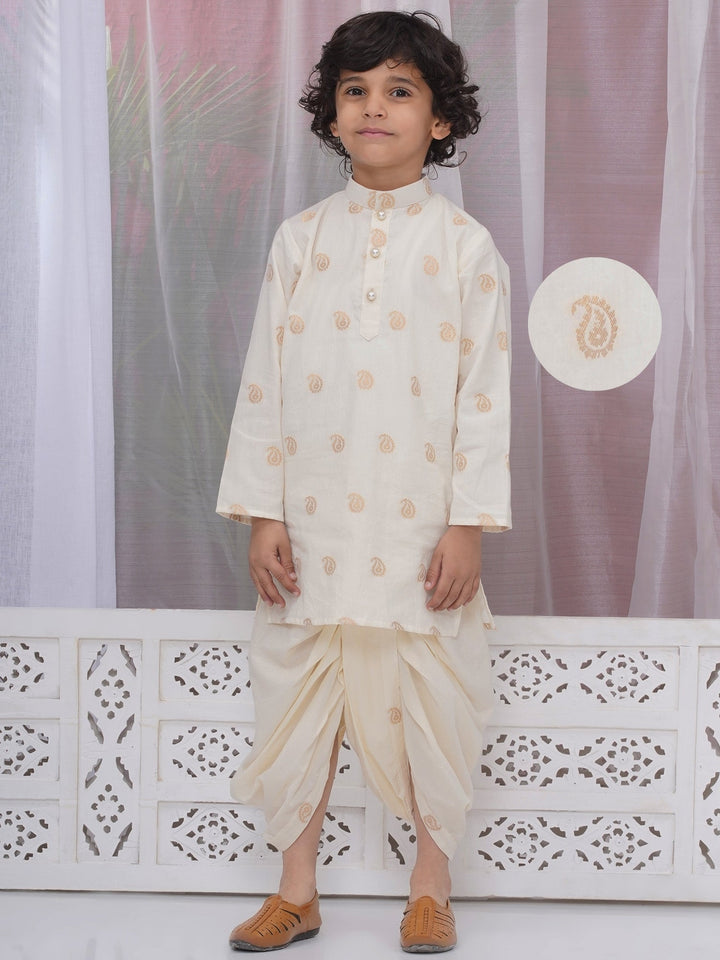 Boys Cotton Full Sleeves Kurta and Dhoti with Golden Paisley Zari Work- Cream | SHOBITAM