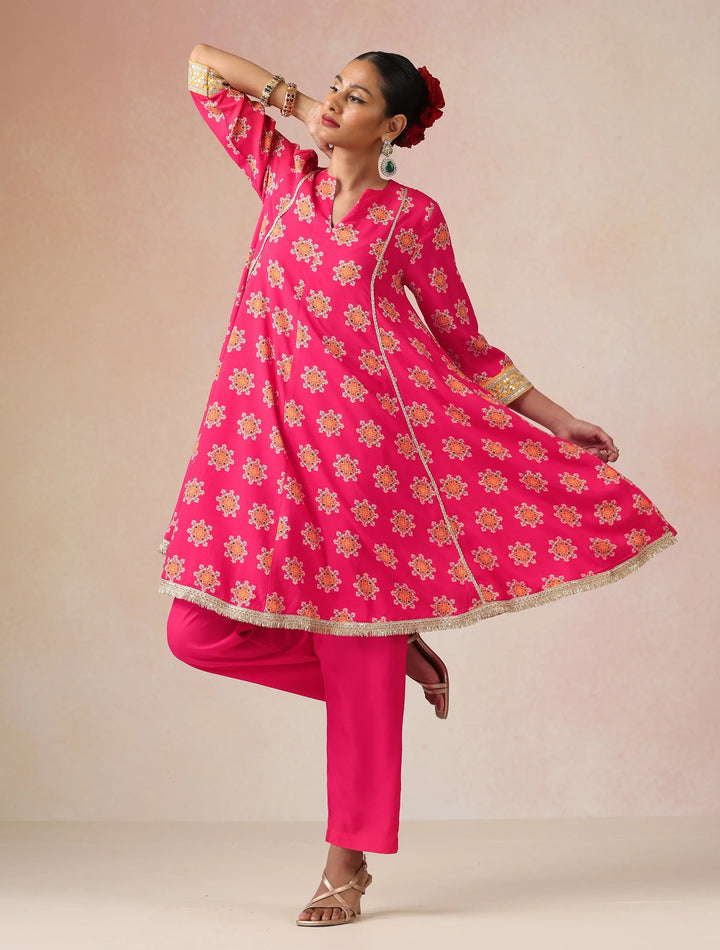 Pink Boota Print Viscose Flared Kurta Co-ord Set | SHOBITAM