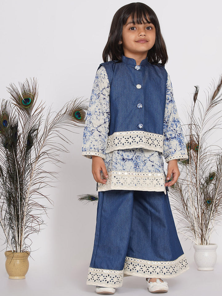 Girls Denim Jacket and Kurta with Patchwork Plazzo - Denim Blue  | SHOBITAM