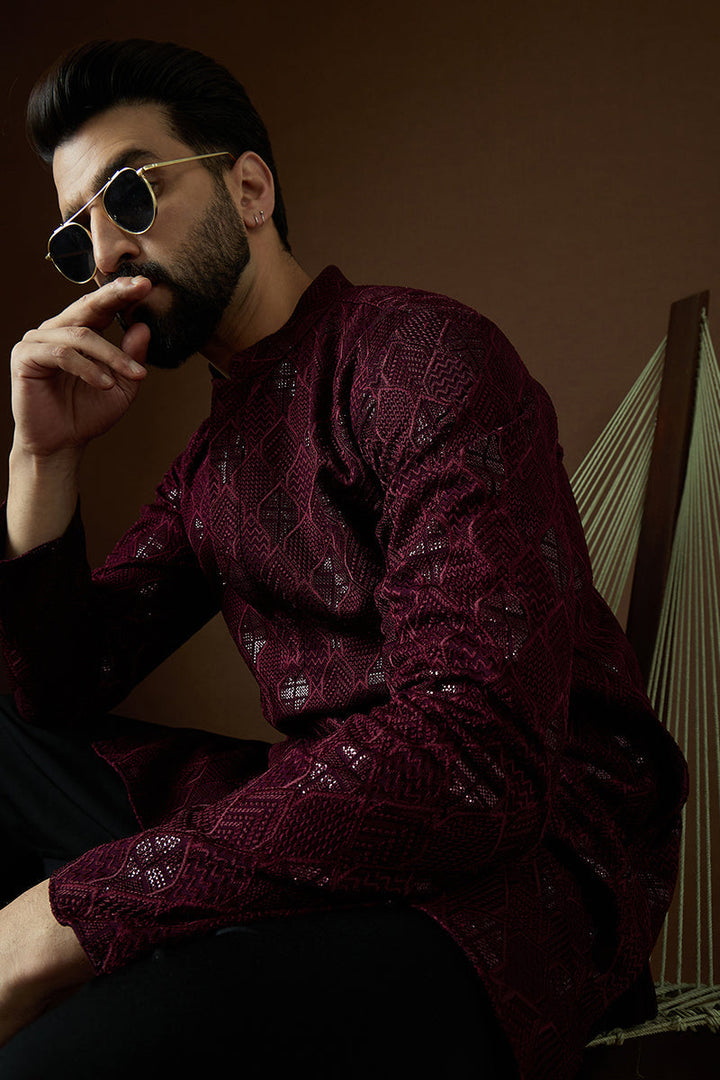 Purple Georgette Solid Embroidered Straight Kurta | SHOBITAM