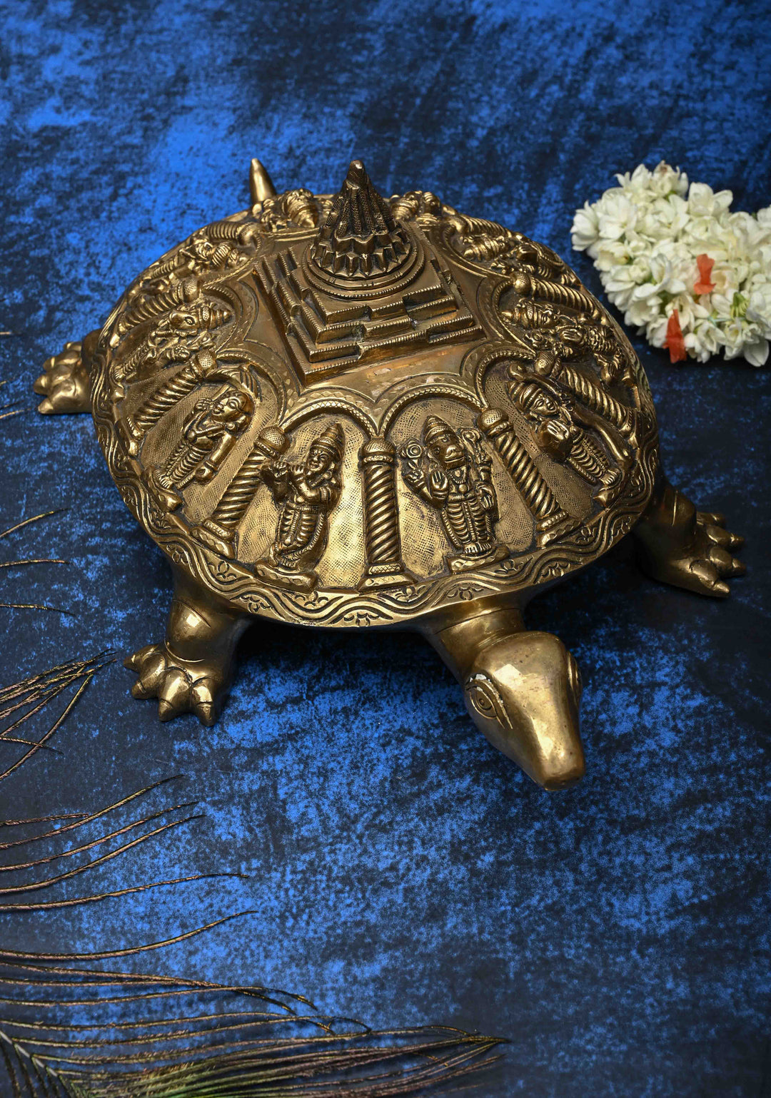 12" Brass Dashavataram Vaastu Turtle for Table Top Decor with 3D Lakshmi Yantra