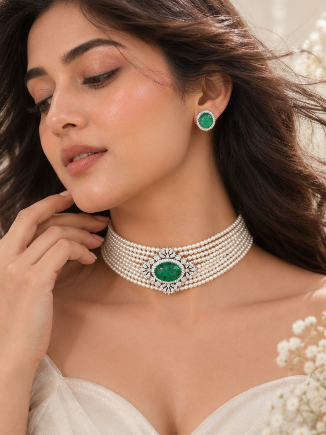Emerald Pearl Choker Necklace Set in Silver Plating | SHOBITAM