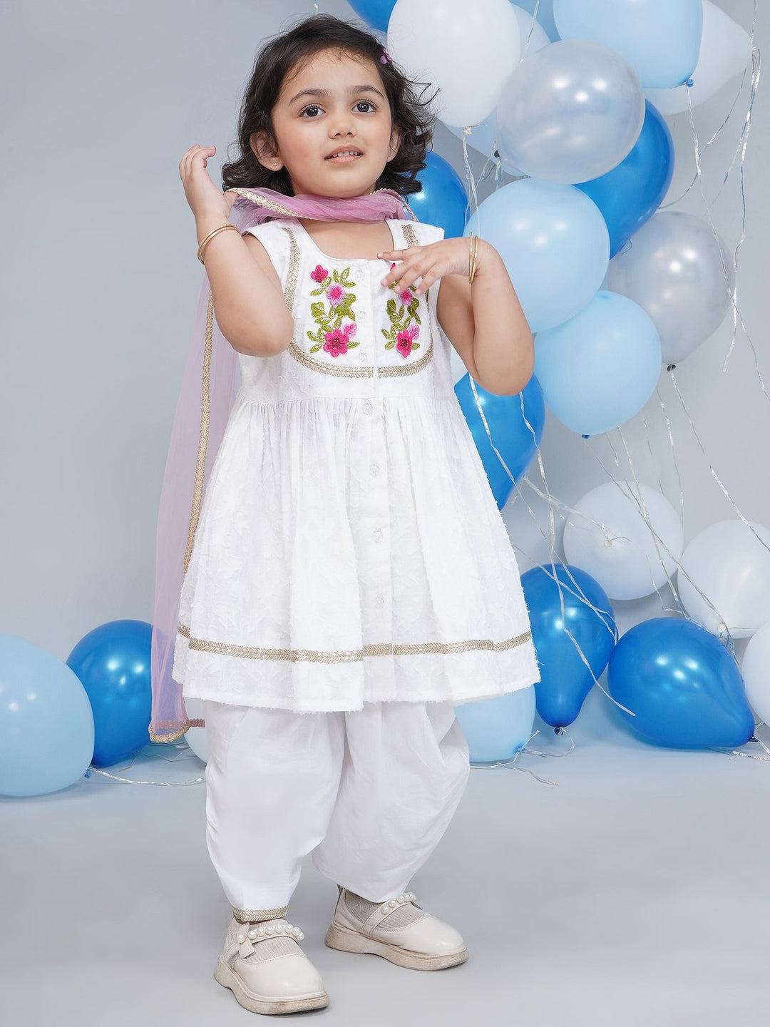 Girls Cotton Sleeveless Floral Self Weaving Kurta with Floral Applique work and Salwar with Dupatta - White