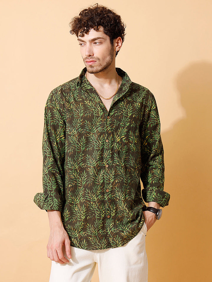 Forest Indigo Ajrakh Full Sleeve Cotton Shirt in Green for Men