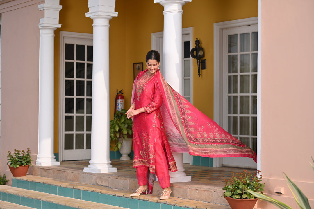Deep Fuschia Pink Fagun Scallope Work Muslin Suit Set - SET OF-3 | SHOBITAM