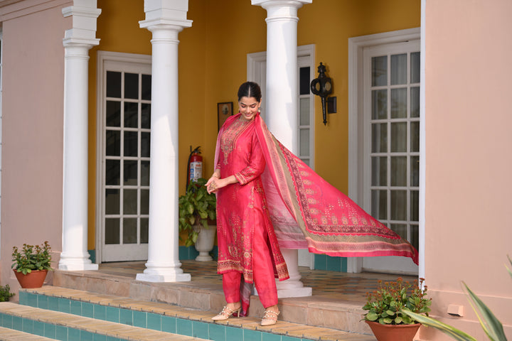 Deep Fuschia Pink Fagun Scallope Work Muslin Suit Set - SET OF-3 | SHOBITAM
