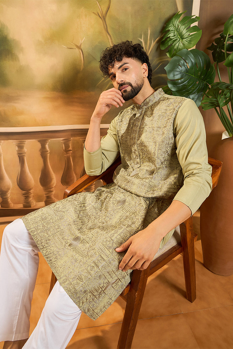 Green Silk Blend Solid Embroidered Straight Kurta | SHOBITAM
