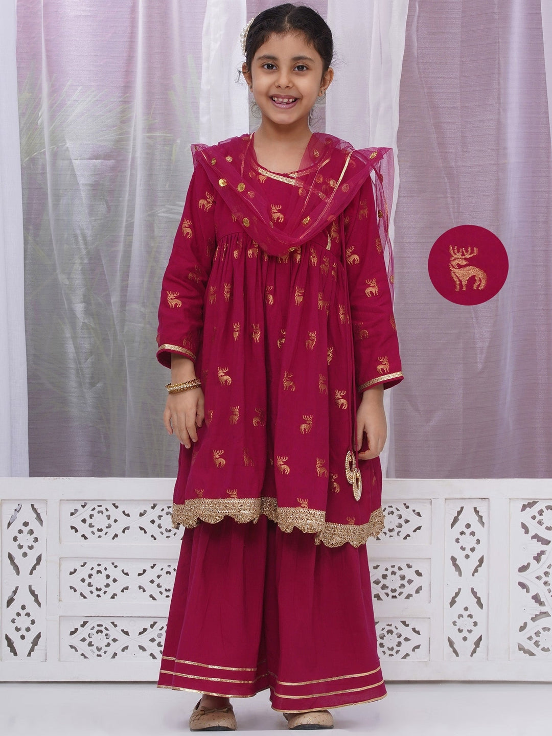 Girls Cotton Three Fourth Sleeves Angrakha Kurta with Sharara and Net Dupatta with Deer Design Zari Work - Rose Red | SHOBITAM