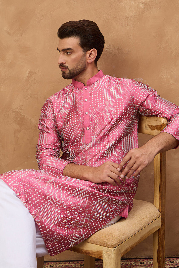 Pink Silk Blend Geometric Printed Straight Kurta  | SHOBITAM