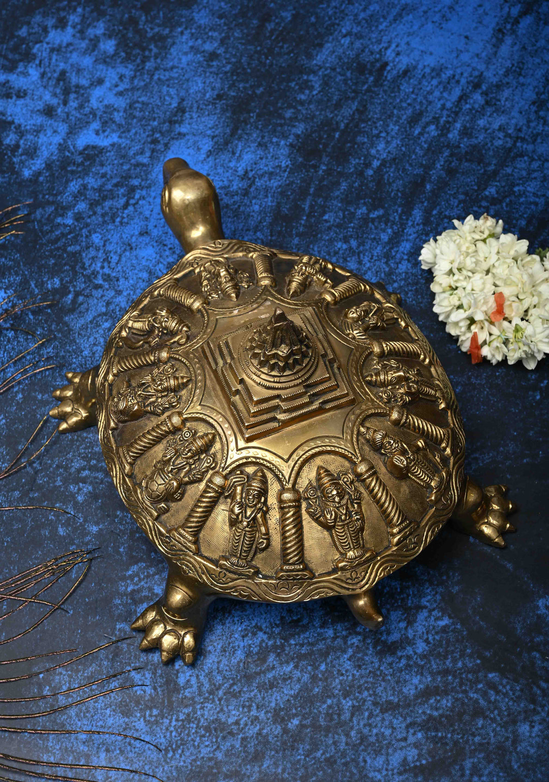 12" Brass Dashavataram Vaastu Turtle for Table Top Decor with 3D Lakshmi Yantra