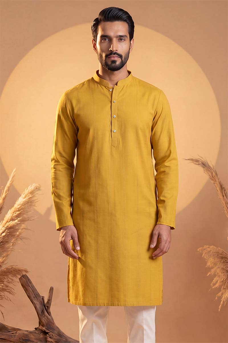 Mens Yellow Silk Blend Solid Solid Kurta With Trousers | SHOBITAM