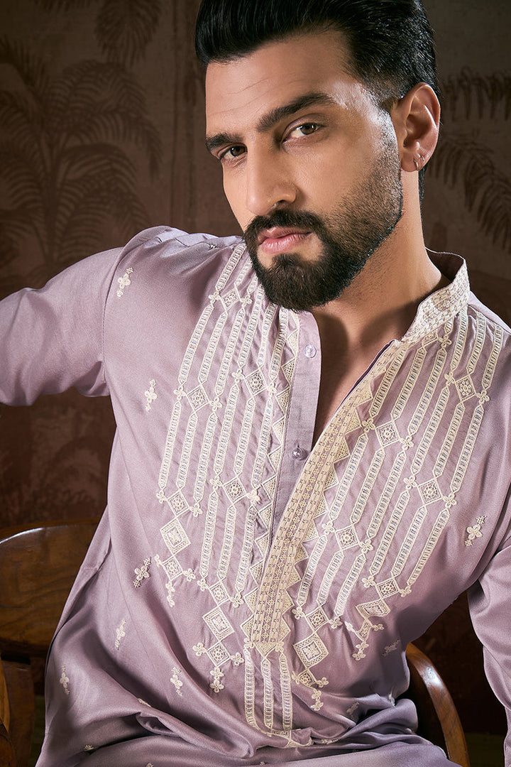 Lavender Silk Blend Solid Embroidered Straight Kurta With Trouser | SHOBITAM