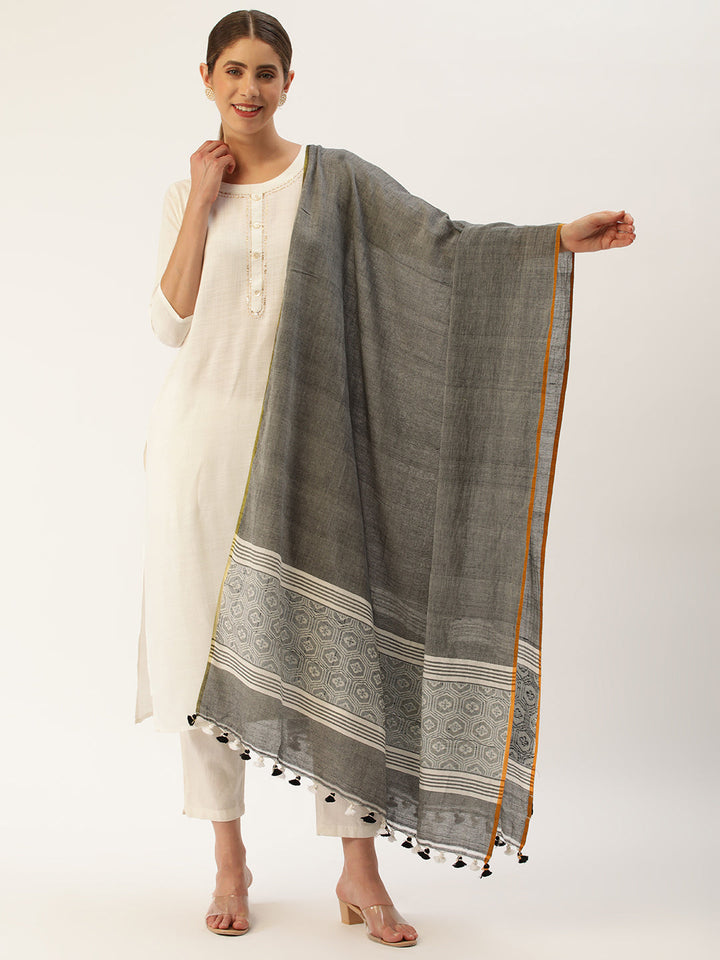 Grey White Toned Assamese Cotton Dupatta | SHOBITAM