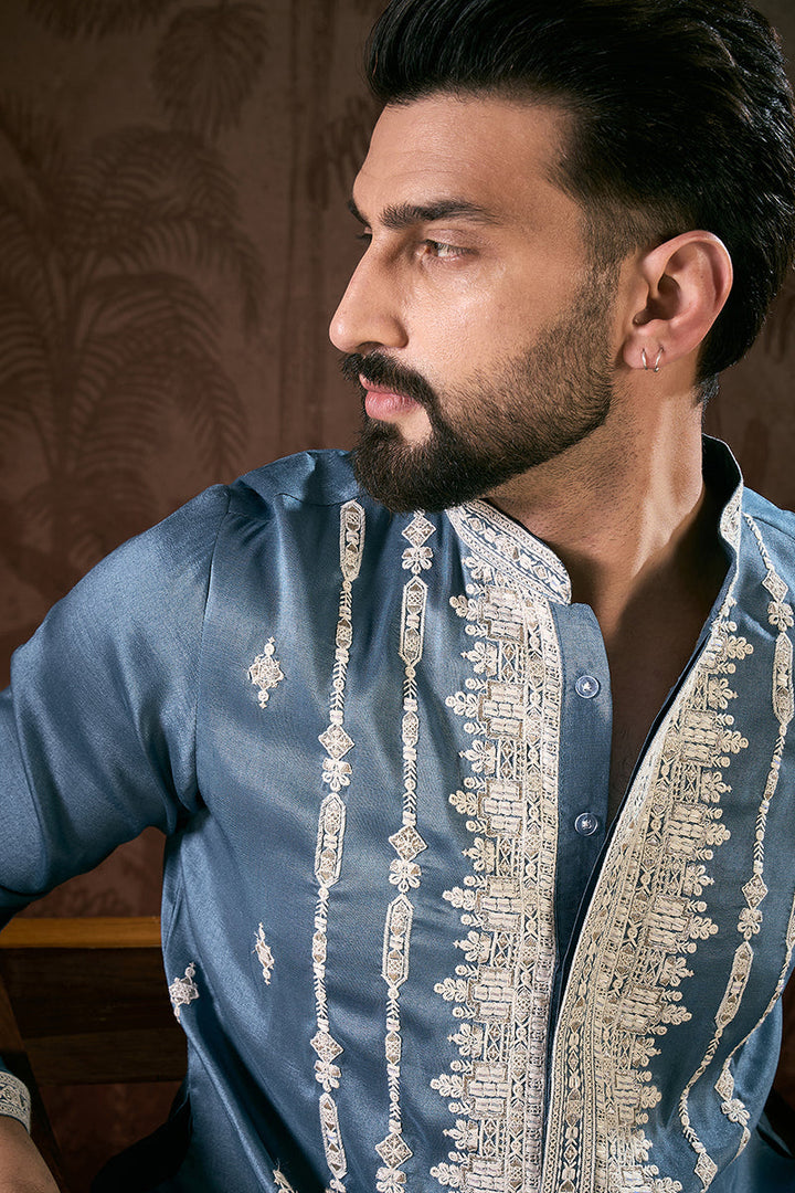 Blue Silk Blend Solid Embroidered Straight Kurta With Trouser | SHOBITAM