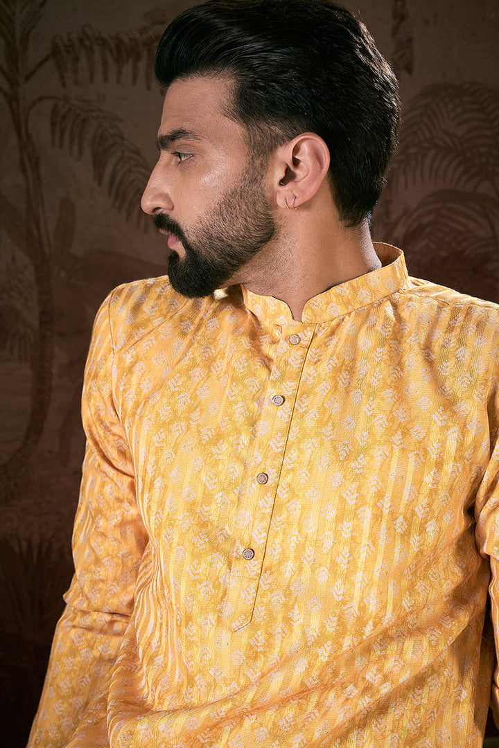 Yellow Silk Blend Ethnic Motifs Printed Straight Kurta For Men | SHOBITAM