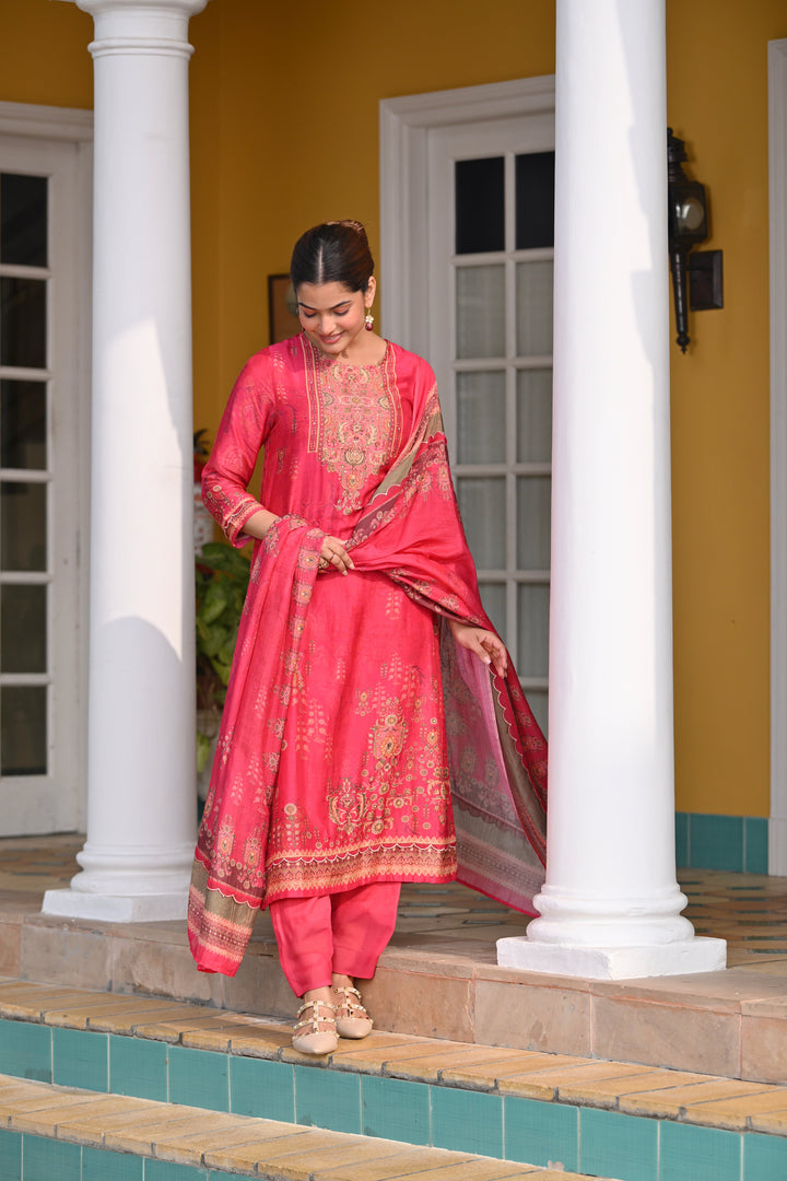Deep Fuschia Pink Fagun Scallope Work Muslin Suit Set - SET OF-3 | SHOBITAM