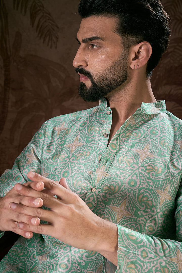 Turquoise Blue Silk Blend Abstract Printed Straight Kurta For Men | SHOBITAM