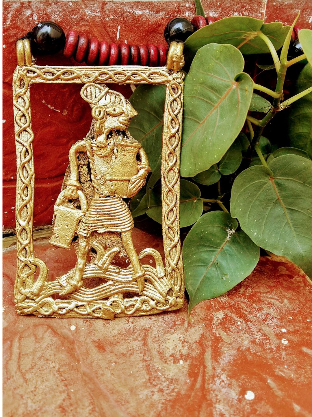 Maroon Handmade Large Dokra Pitcher Man Pendant Jewellery | SHOBITAM